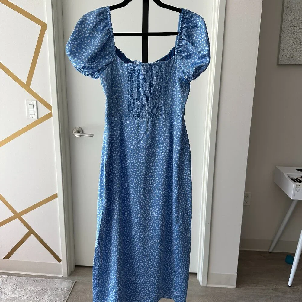NA-KD Light Blue Floral Puff Sleeve Ruched Midi Dress Side Slit 6 S